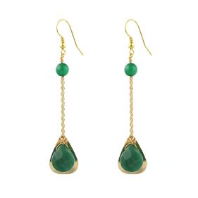 Cercei lungi din jad verde si argint placat cu aur 18K