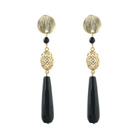 Cercei lungi din onix negru si metal placat cu aur 18K
