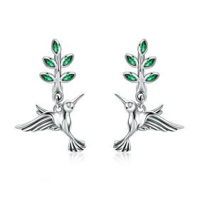 Cercei Colibri din argint si cristale verzi