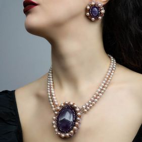Set exclusivist din perle naturale, ametist si cristale Swarovski