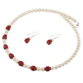 Set coral rosu, rhinestone si perle naturale