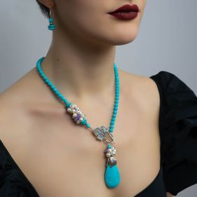 Set asimetric din turcoaz, perle naturale si jad