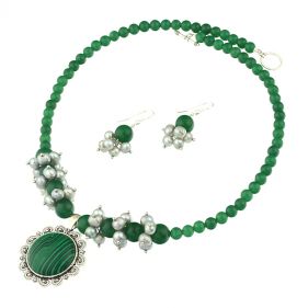 Set din jad verde, perle de cultura si malachit