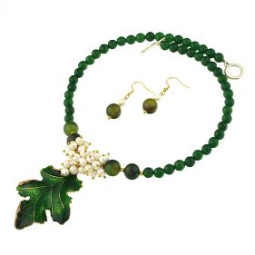 Set frunza din jad verde, agat lace si perle naturale