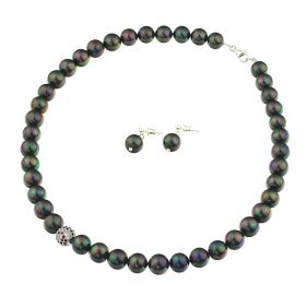 Set perle de Mallorca negre, rhinestone multicolor si argint