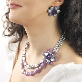 Set exclusivist din perle naturale gri, ametist si argint
