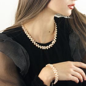 Set clasic din perle naturale piersica si argint