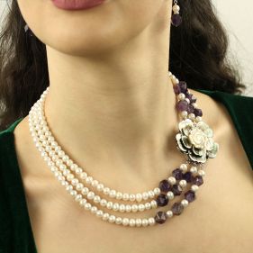 Set versatil din perle naturale, ametist si floare sidef