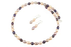 Set perle naturale ovale trei culori si argint