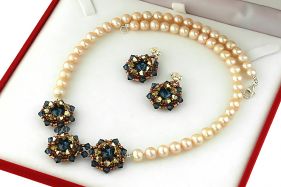Set perle naturale piersica si cristale Swarovski