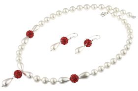 Set perle de Mallorca, rhinestone rosu si argint